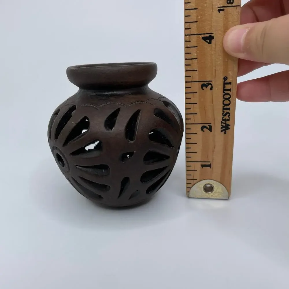 Hand engraved open work floral ceramic vase dark brown	small 3.5